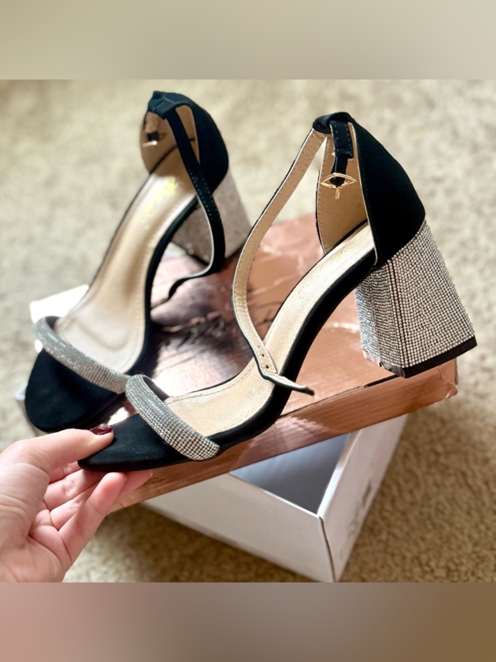 Women's Black Rhinestone Block Heel Sandals